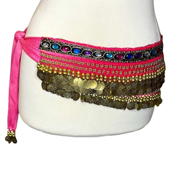 Pink Belly Dance Belt w/ Gold Coins & Jewel Accents One Size Adjustable - Picture 2 of 4